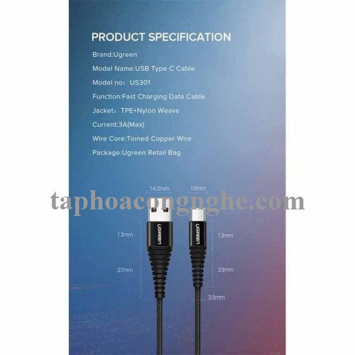 Ugreen 70559 25cm QC3.0 cáp USB A ra Type C dây dù siêu bền đầu nhôm chống gãy 0.25M US301 30070559